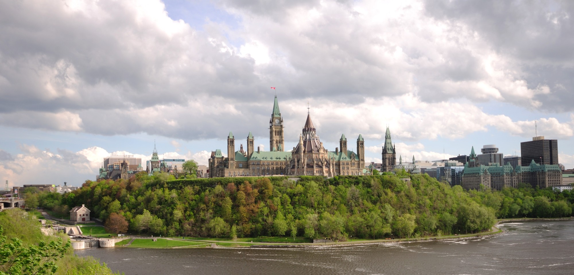 Parliament Hill in Ottawa seen from across the Ottawa River